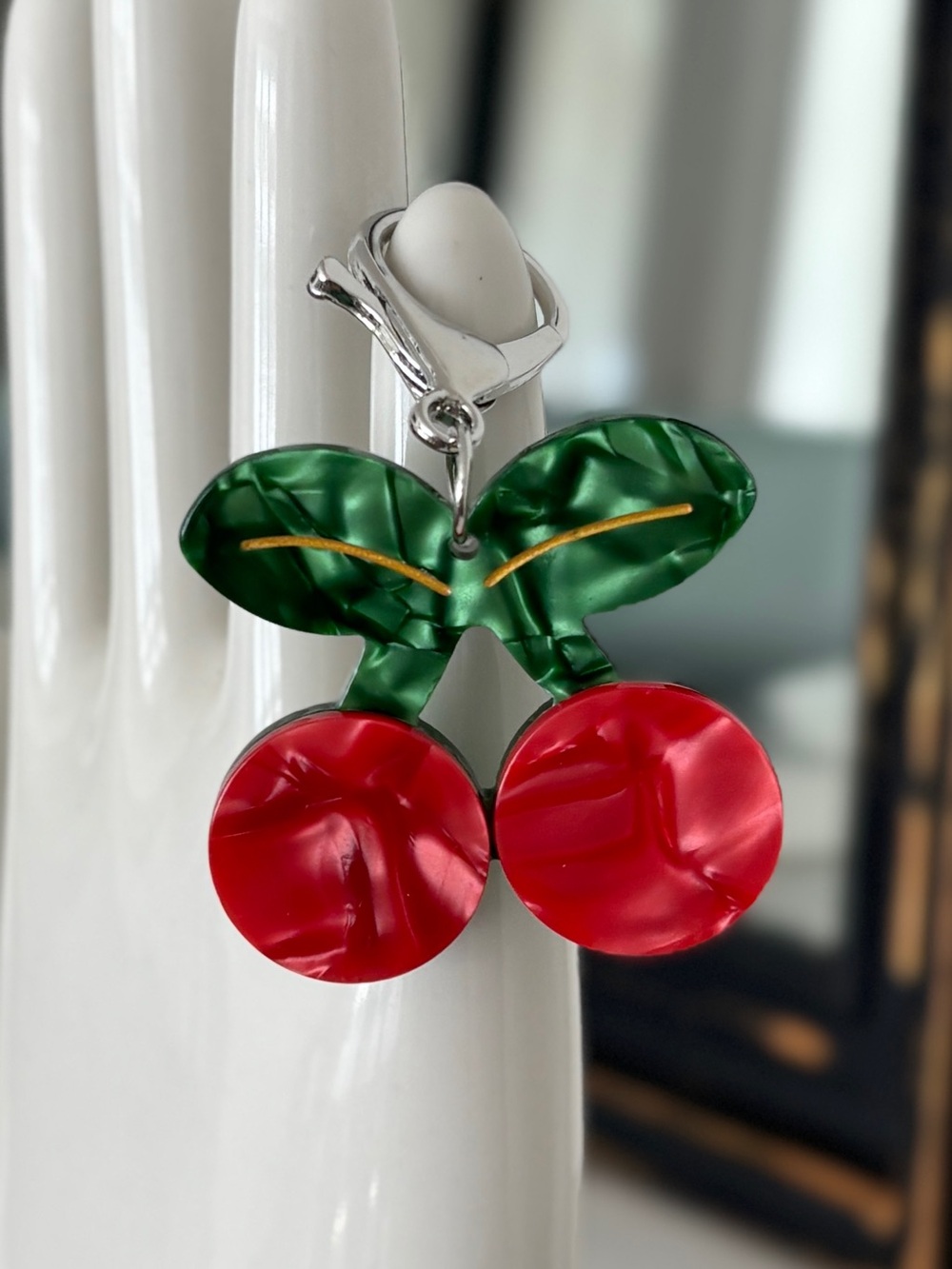 Cherry Bag Charm Pearlescent Red and Green Lobster Claw Keychain